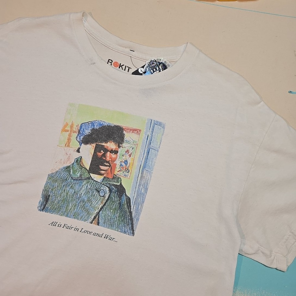 ROKIT L White Holyfield Monet Art Tee Large Modern Print All Is Fair In Love War
